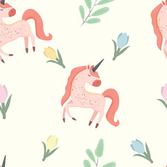 Fototapeta premium cute children's pattern with unicorns and tulips for cards, packaging, textiles in doodle style