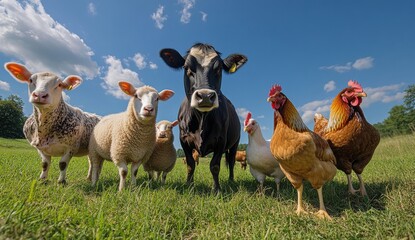 A Peaceful Farm Scene Featuring Cows, Sheep, Chickens, and Blue Sky with Fluffy Clouds in a Green Meadow Illustrating Livestock and Rural Life