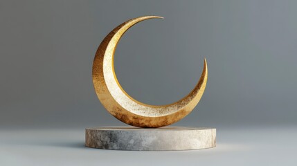 3D rendering of a golden crescent moon on a podium platform with copy space