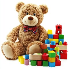 Teddy bear and colorful blocks, studio shot, child's play
