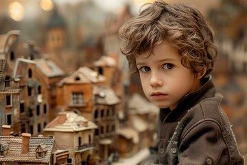 Young child gazes thoughtfully at a detailed miniature town, sparking curiosity and imagination