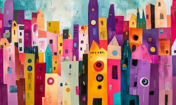 image captures vibrant cityscape with abstract forms representing overpopulation, evoking sense of urgency and reflection