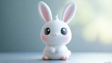 Small white bunny figurine with big eyes and a cute expression sitting on a light surface