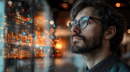 Man Contemplating Futuristic Technology Interface