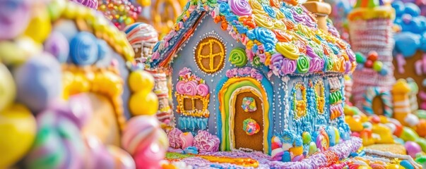 Fototapeta premium Colorful gingerbread house with candy decor in vibrant holiday wonderland