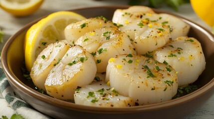 Close-Up of a Gourmet Scallop Dish on a Restaurant Table with Elegant Plating and Subtle Bokeh Effect, Highlighting Fine Dining and Culinary Art.