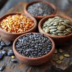 Fototapeta premium Various seeds displayed in wooden bowls on rustic background