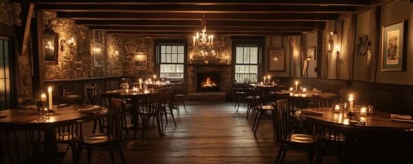 Cozy rustic tavern with candlelit tables and fireplace ambiance