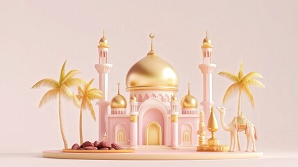 Naklejka premium 3D cartoon illustration of a mosque, palm trees, and dates on a table.