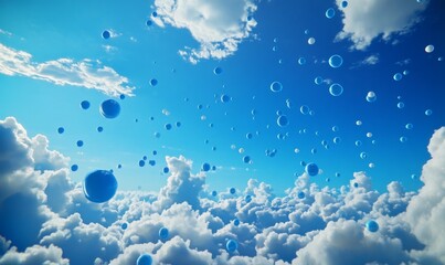 Individual blue dots suspended in air against a vast expanse of bright blue sky with scattered white clouds, atmosphere, suspension