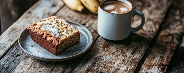 Banana bread slice with cappuccino on rustic table