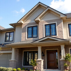 Obraz premium Luxury Home Exterior: Modern Architectural Design, Stone Facade, and Landscaped Entrance