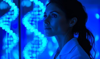 Obraz premium Innovative woman in lab coat contemplating DNA patterns in blue light