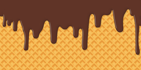 Melted chocolate ice cream drop on wafer pattern yellow brown colors graphic illustration.