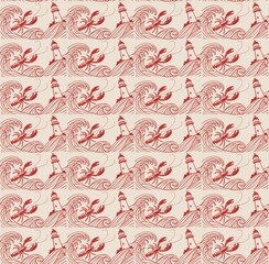 Lighthouse and Lobster Seamless Pattern: A nautical-themed repeating pattern featuring stylized lighthouses and lobsters amidst crashing waves, rendered in a vintage red and cream color palette.