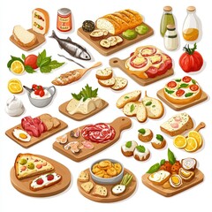 Delicious food assortment bread, fish, pizza, appetizers.  Perfect for recipe websites or cookbooks