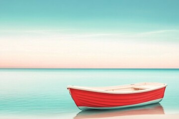 Fototapeta premium A small boat floating in a blank sea, represented with simple shapes and minimal color gradients to convey a sense of emptiness and isolation