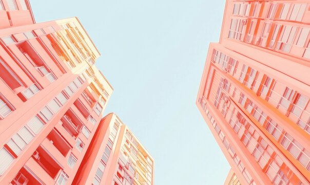 Geometric Architecture of Peach-Colored Buildings Under Clear Sky. PANTone 13-1023 Peach Fuzz