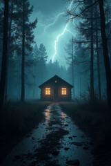 Lonely house in a dark scary forest illuminated by lightning in the background