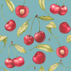 Seamless pattern with watercolor illustration of a cherry or sweet cherry on a branch with a leaf on blue background. Cut cherry with pit. Food, botanical hand drawn illustration.