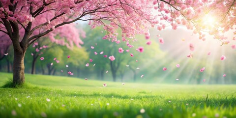 Obraz premium Softly falling pink sakura petals drift gently down on a serene spring morning amidst a lush green grassy field with a few bare trees in the background, outdoor scene , pink sakura petals
