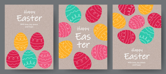 Happy Easter cards and poster set with bright Easter eggs. Easter banners, frams, covers, labels templates set. Vector illustration