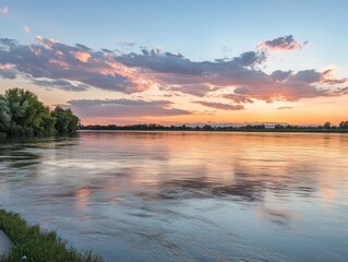 Obraz premium Serene Sunset over a Calm River with Clouds Reflecting in the Water
