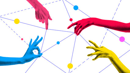 Modern art collage. Colorful hands connect across network of lines and dots, as communication, collaboration, and exchange of ideas within team. Concept of business, teamwork, partnership.