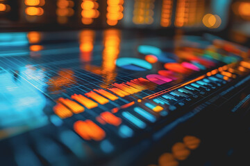 Close up of a computer keyboard with a blurred background showcasing keys and design for technology and digital themes