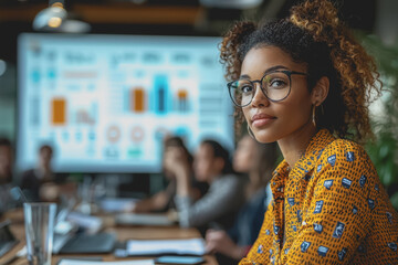 Woman with glasses looking intently at a computer screen in a well-lit office setting while working on a project or browsing the internet