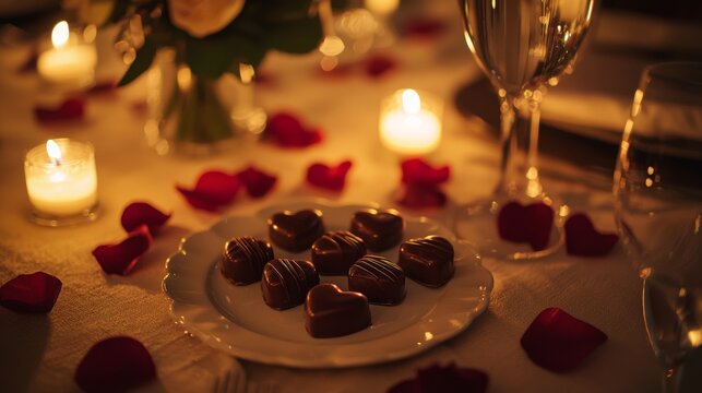 Romantic candlelit table, heart-shaped chocolates arranged elegantly, soft rose petals scattered, warm golden light, vintage aesthetic, soft-focus photography style