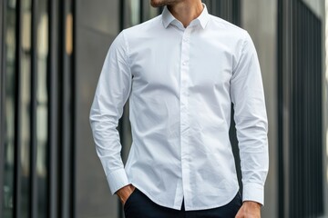 A man in a white shirt stands outdoors, exuding a professional and stylish demeanor.