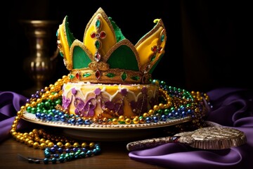 King cake decorated for mardi gras celebration, wearing a colorful crown and surrounded by beads, sits on an elegant plate