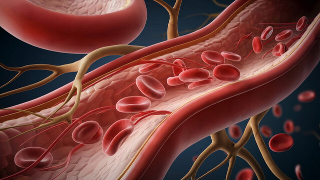 Blood cells flow through the blood vessels.