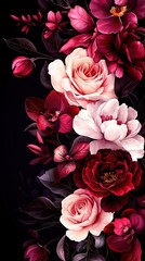   A close-up of a bouquet of red and pink flowers against a dark background