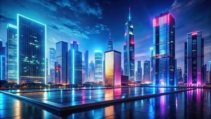 Neon-lit cityscape with sleek skyscrapers and holographic advertisements in a futuristic urban landscape , urban landscape, modern architecture