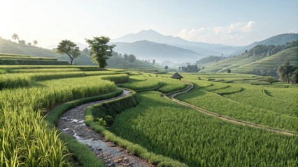 Fototapeta premium Green and lush rice paddies with a winding path, , rural scenery