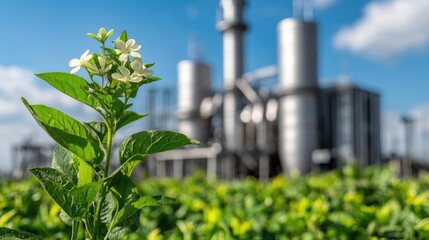 Obraz premium Waste management concept. A vibrant plant in the foreground with an industrial facility in the background.