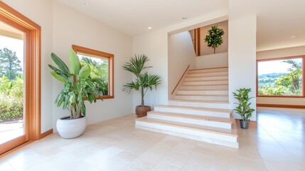 Fototapeta premium Modern home entryway with staircase, plants, and scenic views