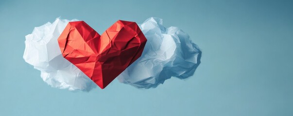 Naklejka premium Origami red heart and clouds against blue sky background