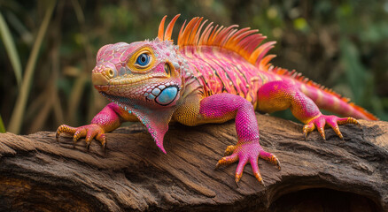 Fototapeta premium Vibrant pink and orange iguana resting on a wooden surface in a lush green environment during daylight
