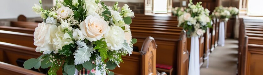 Church wedding aisle, floral arrangements, wooden pews, sunlight