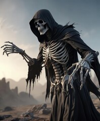 Fototapeta premium Grim reaper extending skeletal hand into the distance, grim, macabre, skeletal, harvester