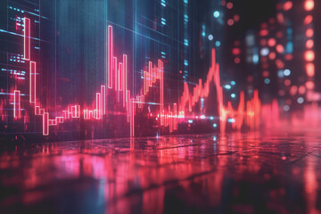 Business crisis, holographic price reduction, futuristic economic downturn, neon interface.