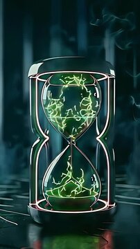 Cartoon video illustration of an hourglass filled with green electric energy in a dark room filled with smoke