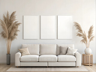 Canvas Mockup in Modern Living Room. White Sofa and Three Blank Canvases on white wall. Three Vertical Posters Mockup. Empty Canvas