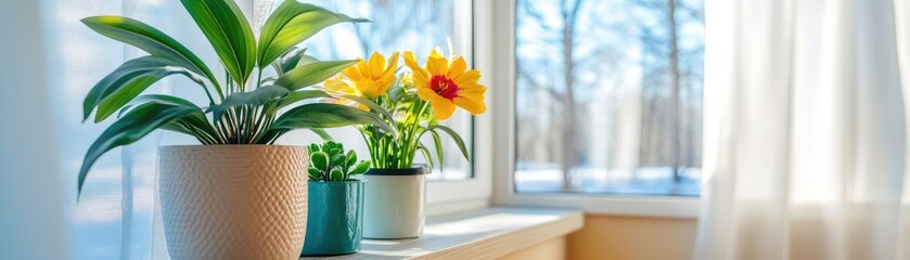 Sunny windowsill, potted plants, flowers, winter view. Home decor