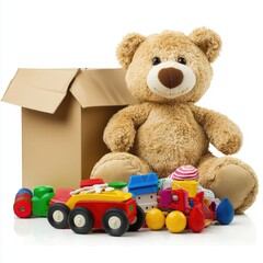 Teddy bear, toys, cardboard box, donation, white background