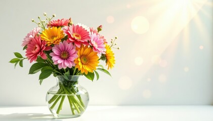 Obraz premium A bouquet of colorful flowers in a vase on a white background with sun rays, flowers, light, bloom