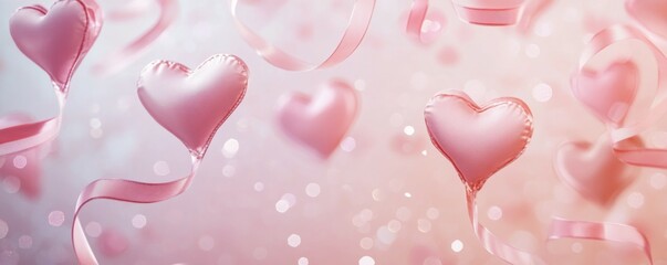 features ribbon hearts against a soft pastel backdrop with light pink sparkles. Ideal for flat lay designs, romantic mobile wallpapers, story backgrounds, and banners for